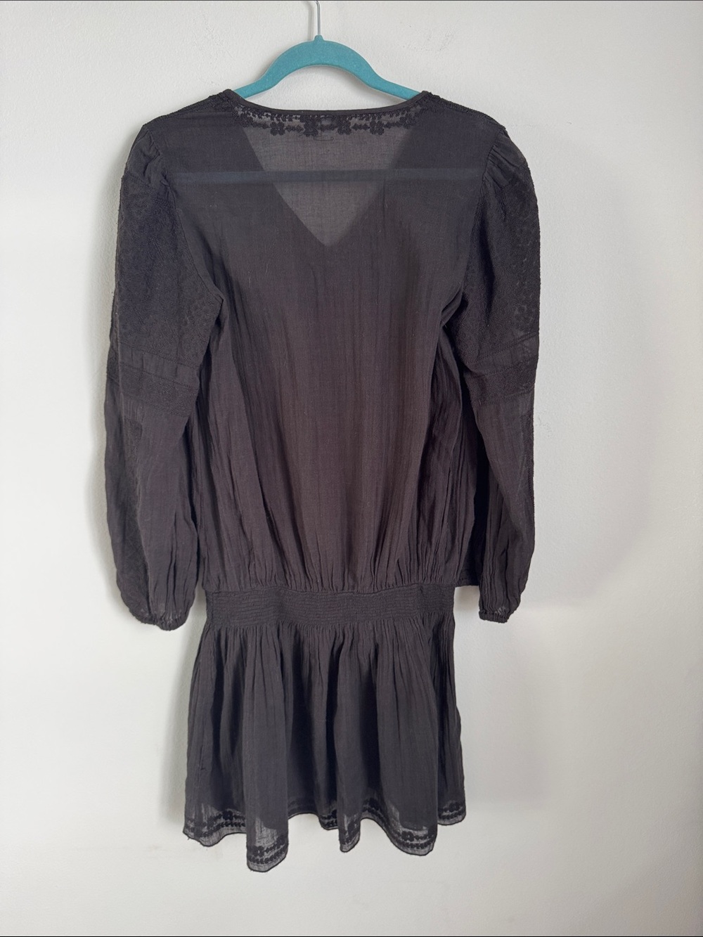 Star Mela Black Boho Peasant Mini Dress Size L Embroidered Sheer Long Sleeve - Picture 6 of 9